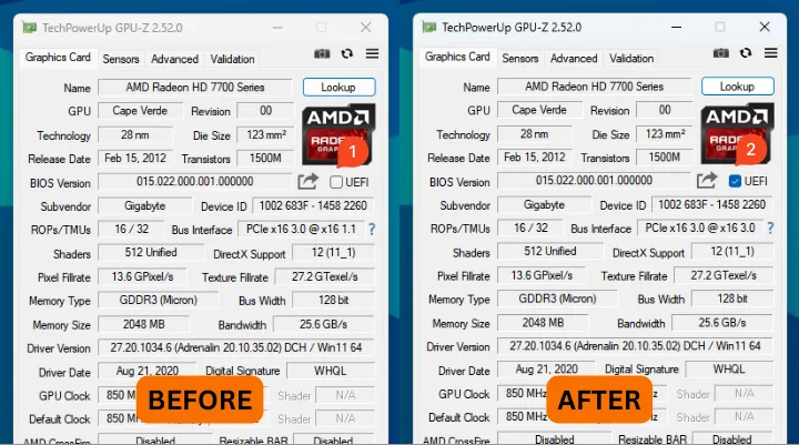 Tampilan GPU-Z sebelum dan sesudah