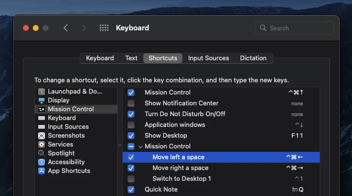 Ubah pengaturan kombinasi tombol Ctrl + arah di macOS